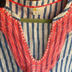 Boden Coral Embroidered Blue-White Stripe Tunic Dress